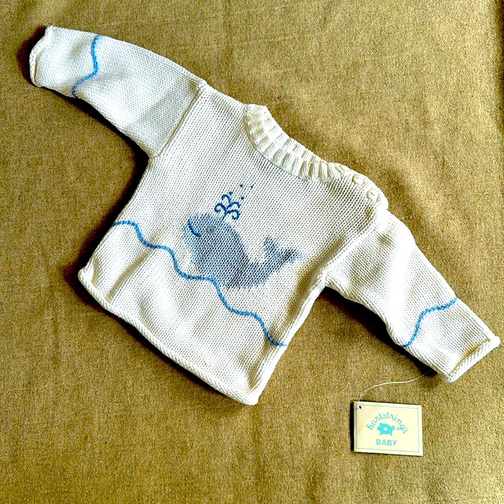 Pottery Barn Kid’s Hartstrings Baby 6 mo 6M whale knit sweater. 100% cotton NWT